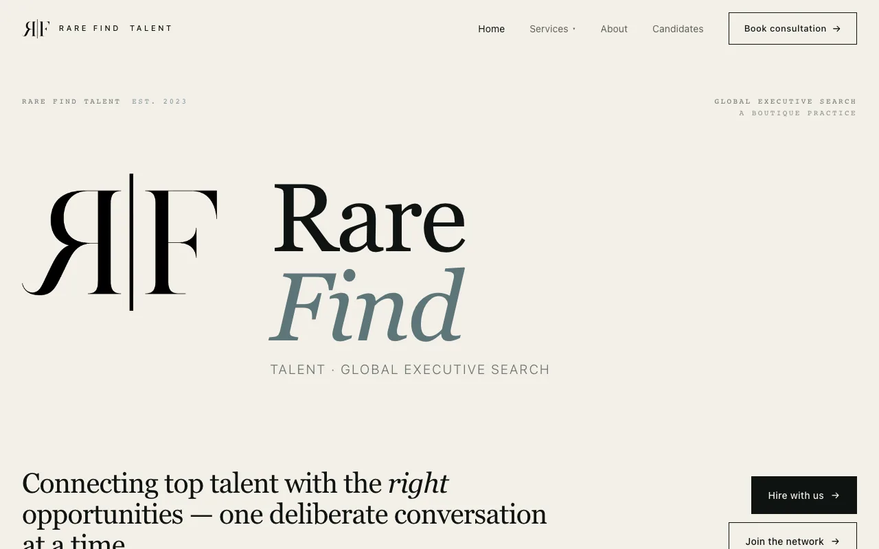 Screenshot of the Rare Find Talent website